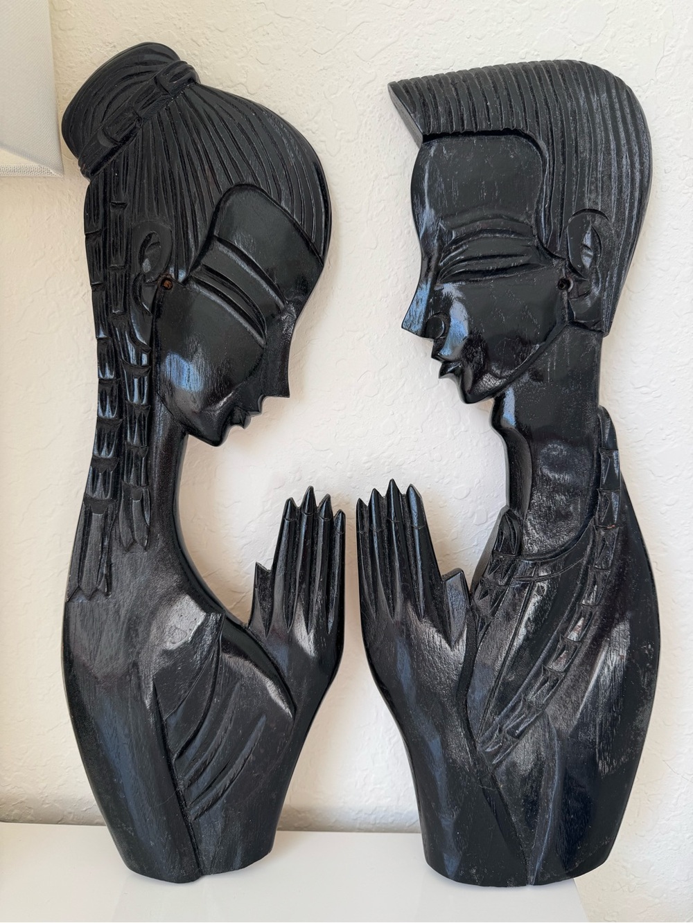 Black Carved Wood Wall Art Pair - Decorative Home Sculpture